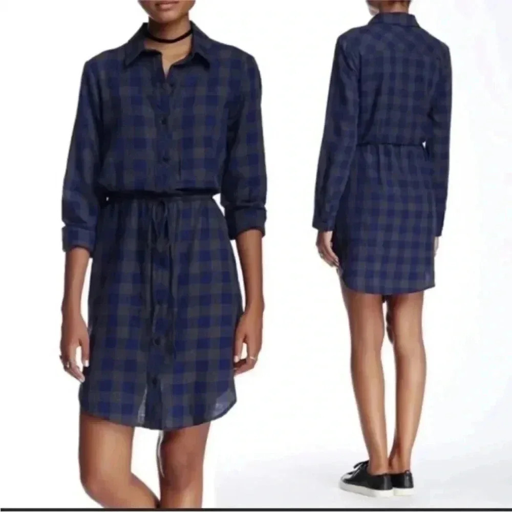Anthropologie Ro & De Blue Gray Plaid Cotton Belted Dark Academia Shirtdress M